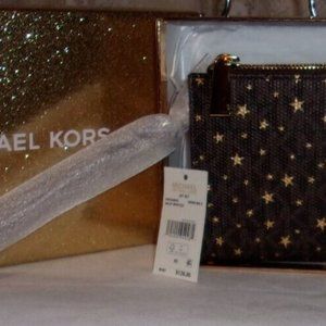 MICHAEL KORS JET SET Double Zip BROWN MULTI WRISTLET  With Stars